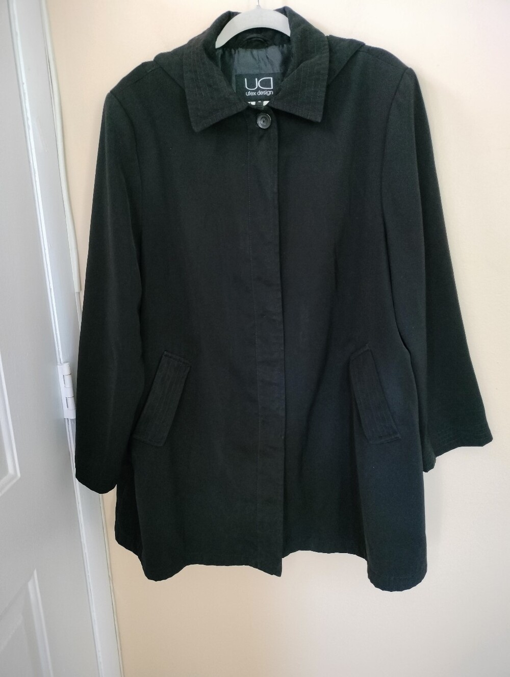 Utex Design Women's Black Hooded Mid Length Coat Trench Jacket 1X Office Travel